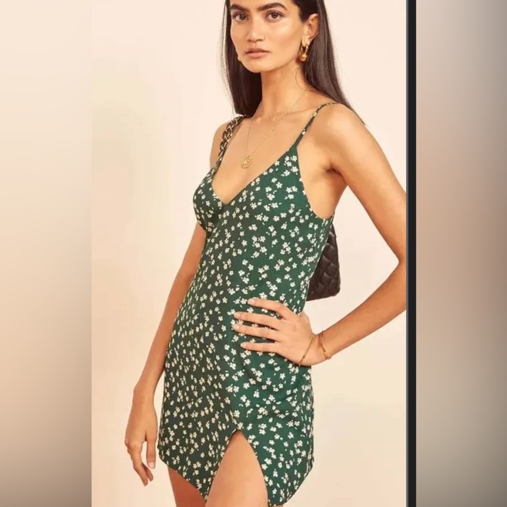 REFORMATION Marlowe Mini Dress Floral Green White Slit Size m